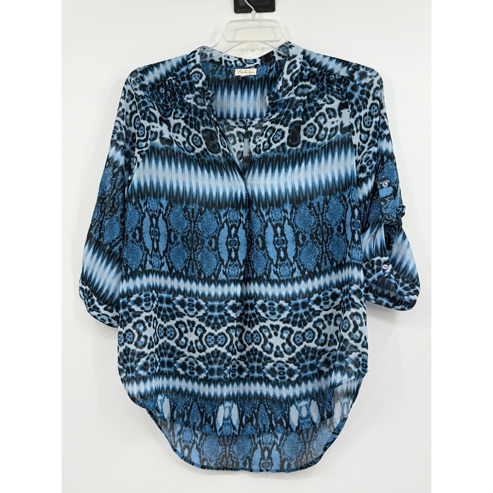 Antilia Femme‎ Blue Animal Tribal Print M 3/4 Sleeves Boho Office Artsy Casual